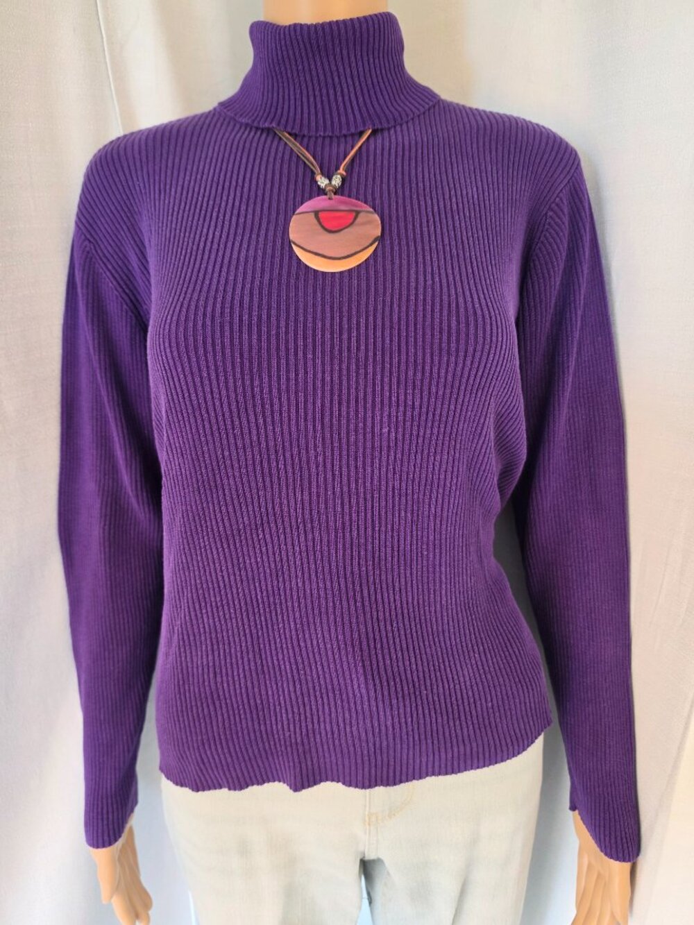 Valerie Stevens Purple 100% Silk Ribbed Turtleneck Pullover Size Large